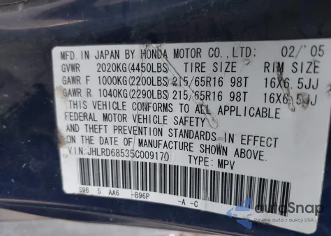 2005 Honda Cr-V Lx из США, поврежденный, VIN JHLRD68535C009170